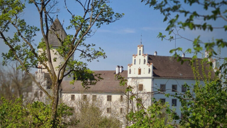 Zwischen den Zweigen blickt man auf Schloss Kronwinkl in Eching bei Landshut. Hier vor einem strahlend blauen Frühlingshimmel.